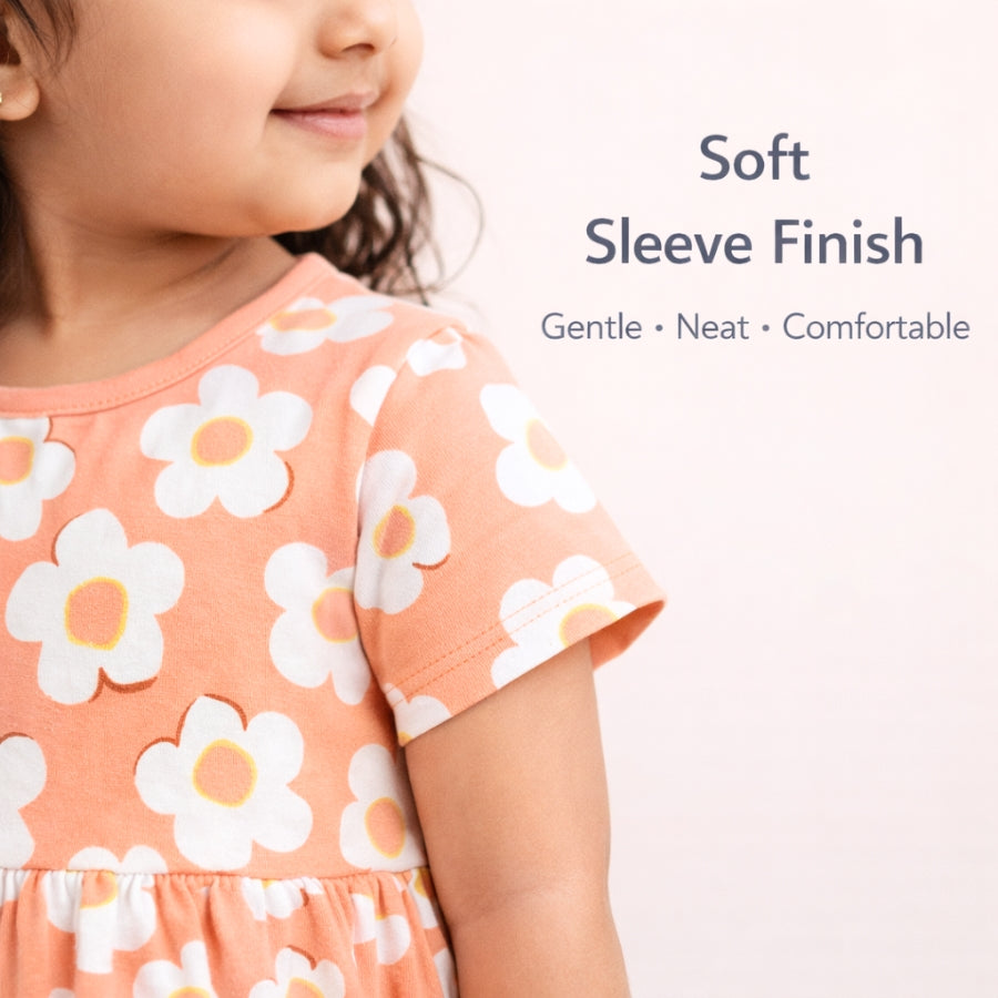 Light Orange Flower Print Kids Dress