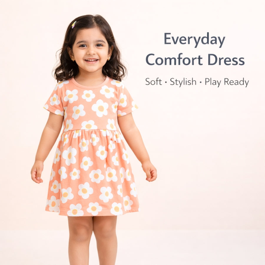 Light Orange Flower Print Kids Dress