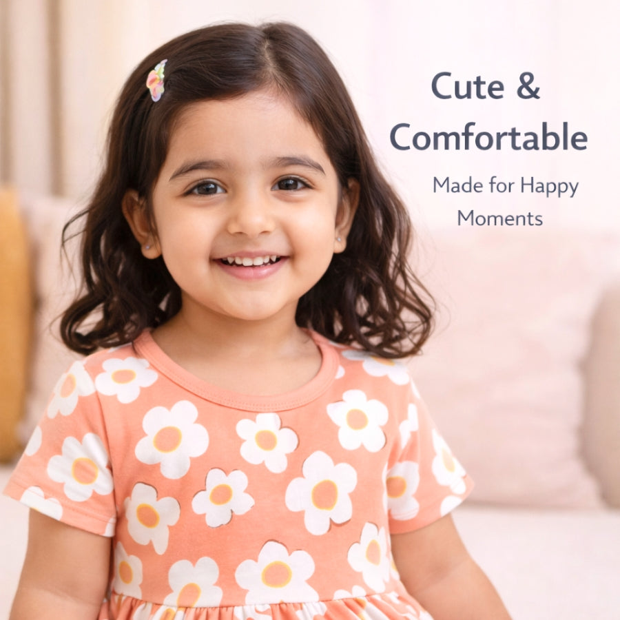 Light Orange Flower Print Kids Dress