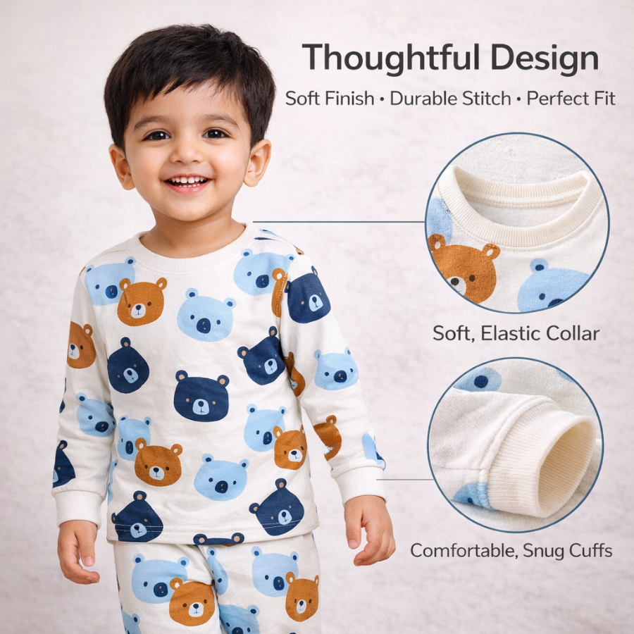Boys Cotton Co-Ord Set – Bear Print Full Sleeve Top & Pants