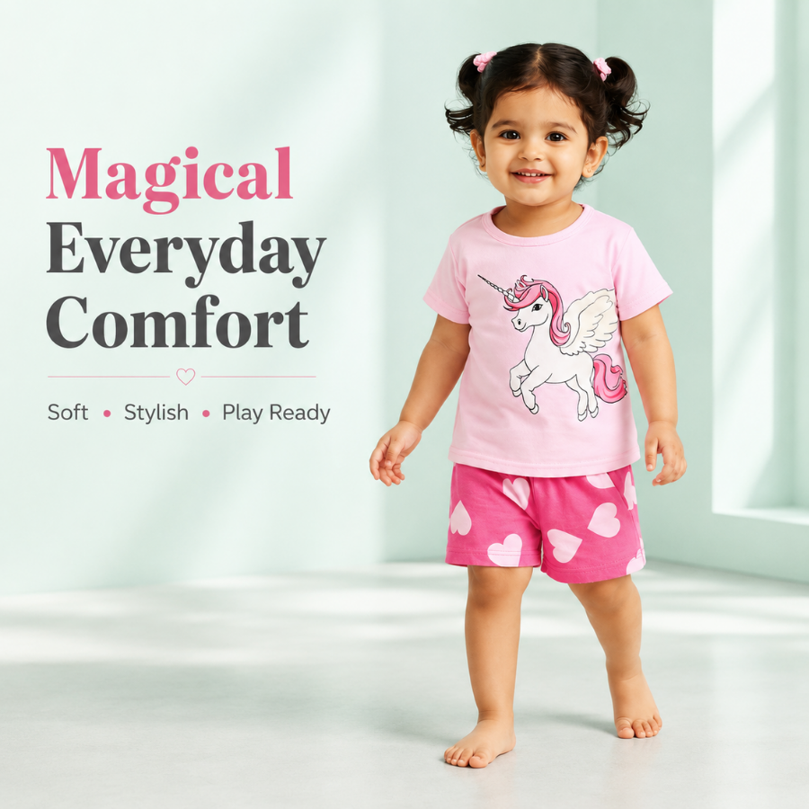 Girls Unicorn Print T-Shirt And Heart Print Shorts Set