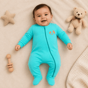 Sea Blue Full Sleeves Baby Romper with Front Zip and Palm Print