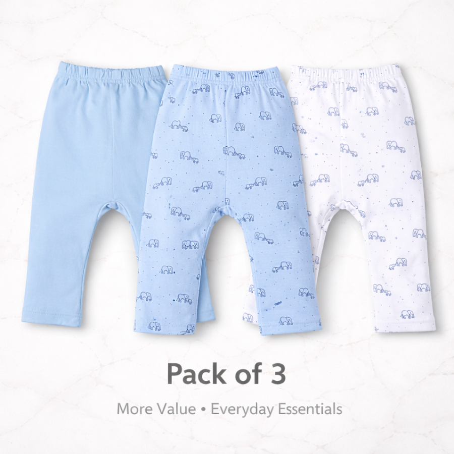 Baby Elephant Print & Solid Cotton Diaper Leggings(Pack of 3)