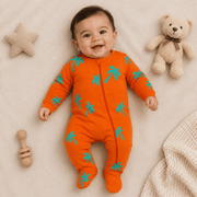 Orange Full Sleeve Baby Romper with Palm Prints