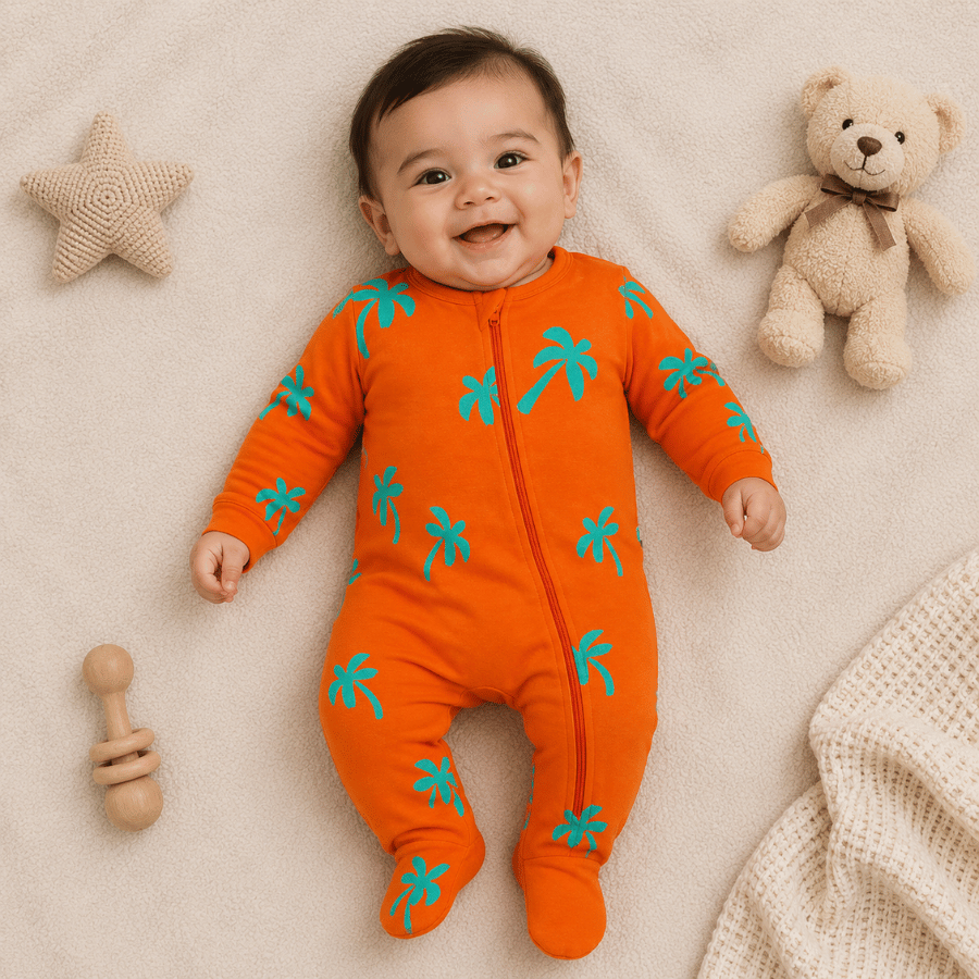 Orange Full Sleeve Baby Romper with Palm Prints