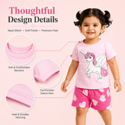 Girls Unicorn Print T-Shirt And Heart Print Shorts Set