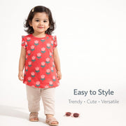 Tulip Print Girls Top with Frill Sleeves-Deep Pink
