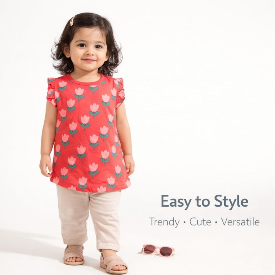 Tulip Print Girls Top with Frill Sleeves-Deep Pink