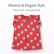 Tulip Print Girls Top with Frill Sleeves-Deep Pink