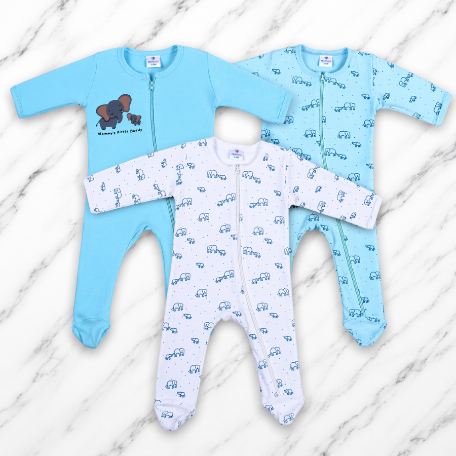 Baby Cotton Elephant Print Full Sleeve Romper with Zip Closure(Pack of 3)