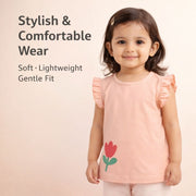 Floral Print Top with Frill Sleeves-Peach