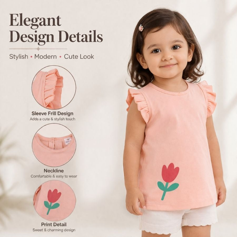 Floral Print Top with Frill Sleeves-Peach