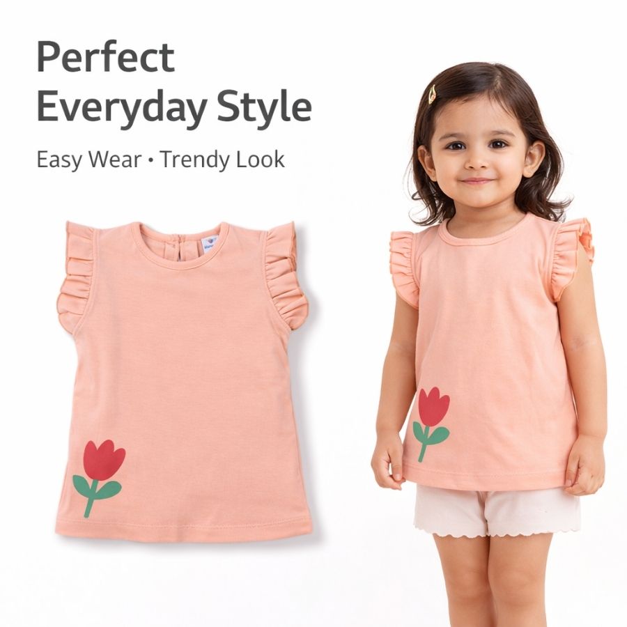 Floral Print Top with Frill Sleeves-Peach