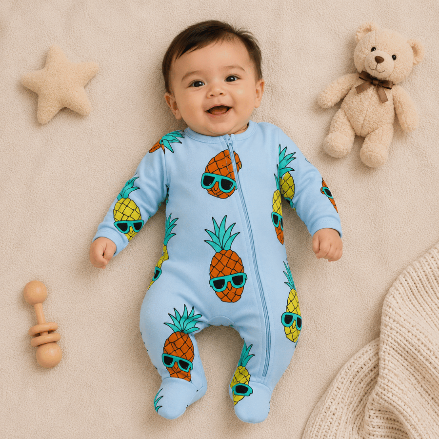 Sky Blue Baby Full Sleeve Romper Zip Closure with Pineapple Design