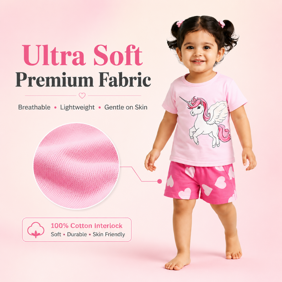 Girls Unicorn Print T-Shirt And Heart Print Shorts Set