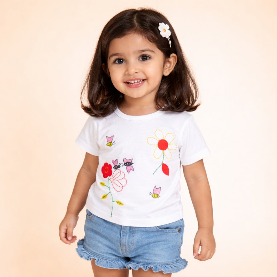 Off White Floral Embroidered Half Sleeves T-Shirt