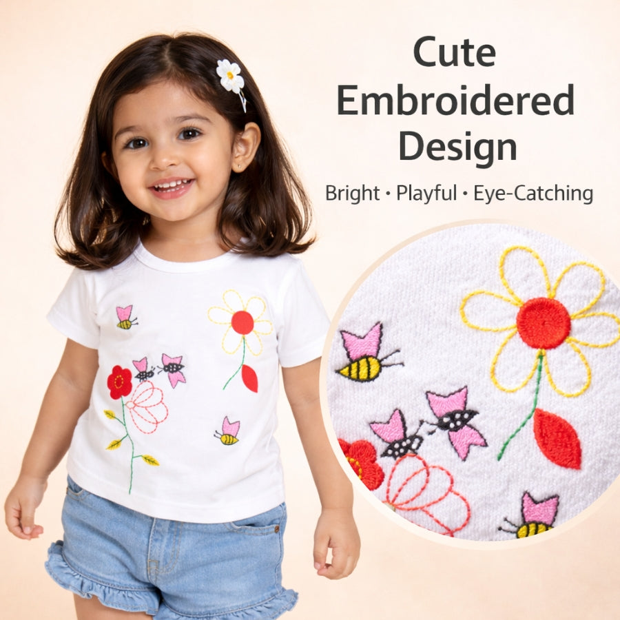 Off White Floral Embroidered Half Sleeves T-Shirt