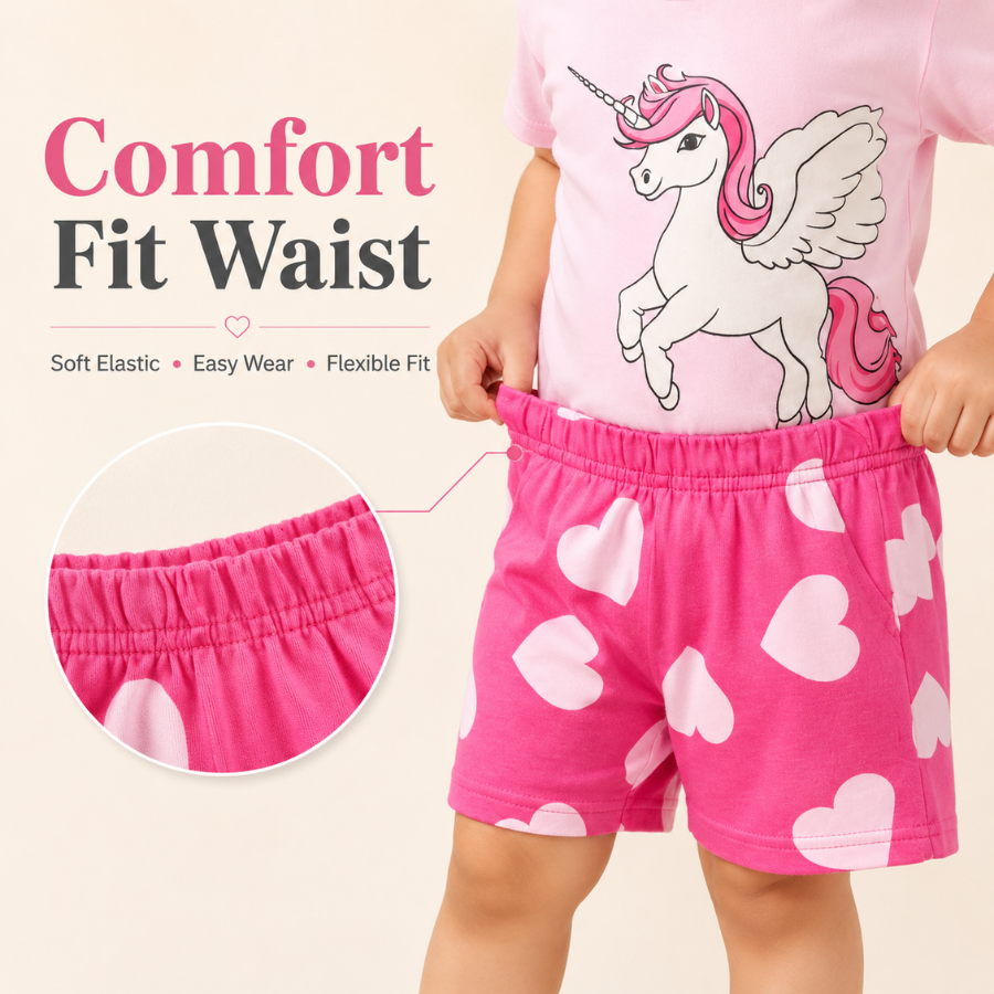 Girls Unicorn Print T-Shirt And Heart Print Shorts Set