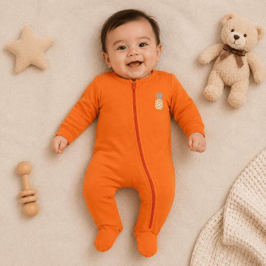 Orange Baby Full Sleeves Romper with Zipper Style & Pineapple Print