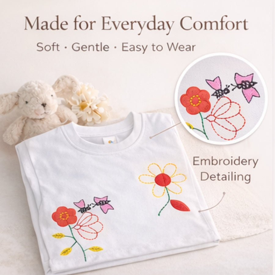 Off White Floral Embroidered Half Sleeves T-Shirt