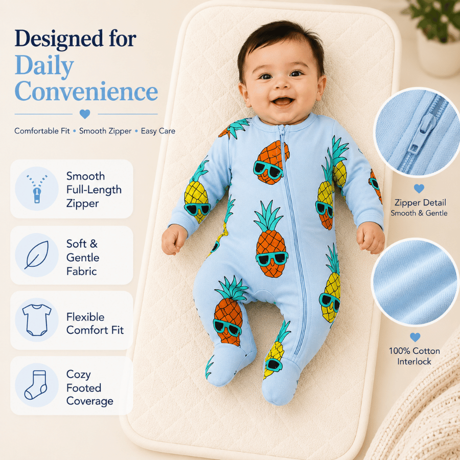 Sky Blue Baby Full Sleeve Romper Zip Closure with Pineapple Design