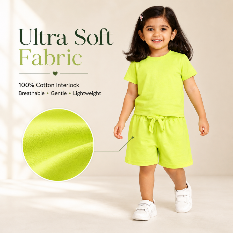 Lime Solid Co-ord Style T-Shirts & Shorts Set For GIrls