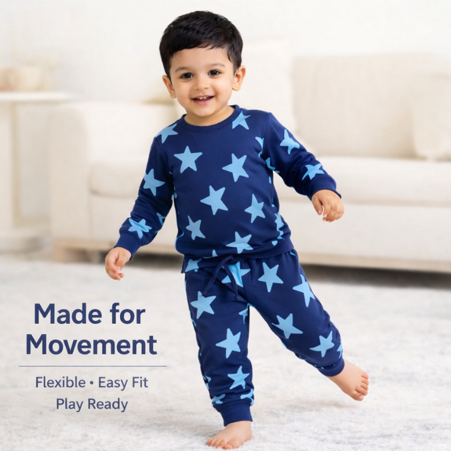 Kids Cotton Co-Ord Set – Star Print Full Sleeve Top & Pants (Navy Blue)