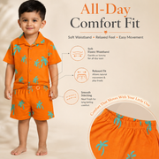 Kids Orange Palm Print Half Sleeves Shirt and Shorts Set