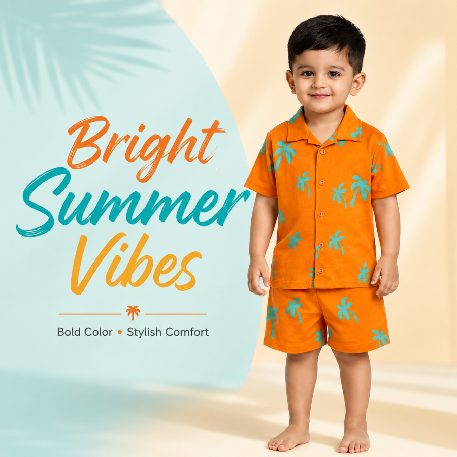 Kids Orange Palm Print Half Sleeves Shirt and Shorts Set