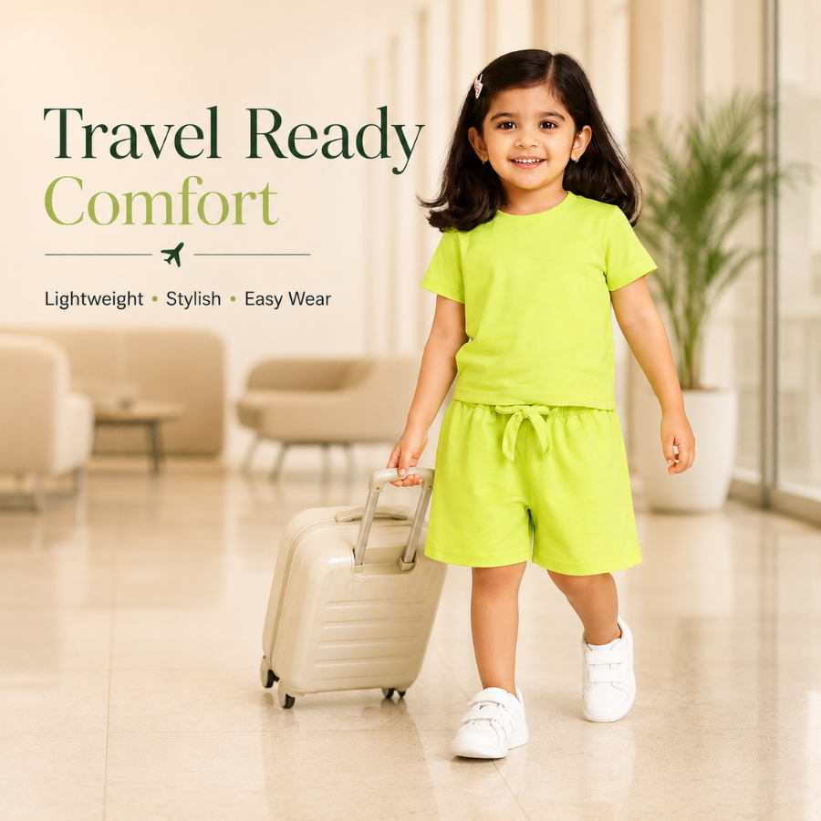 Lime Solid Co-ord Style T-Shirts & Shorts Set For GIrls