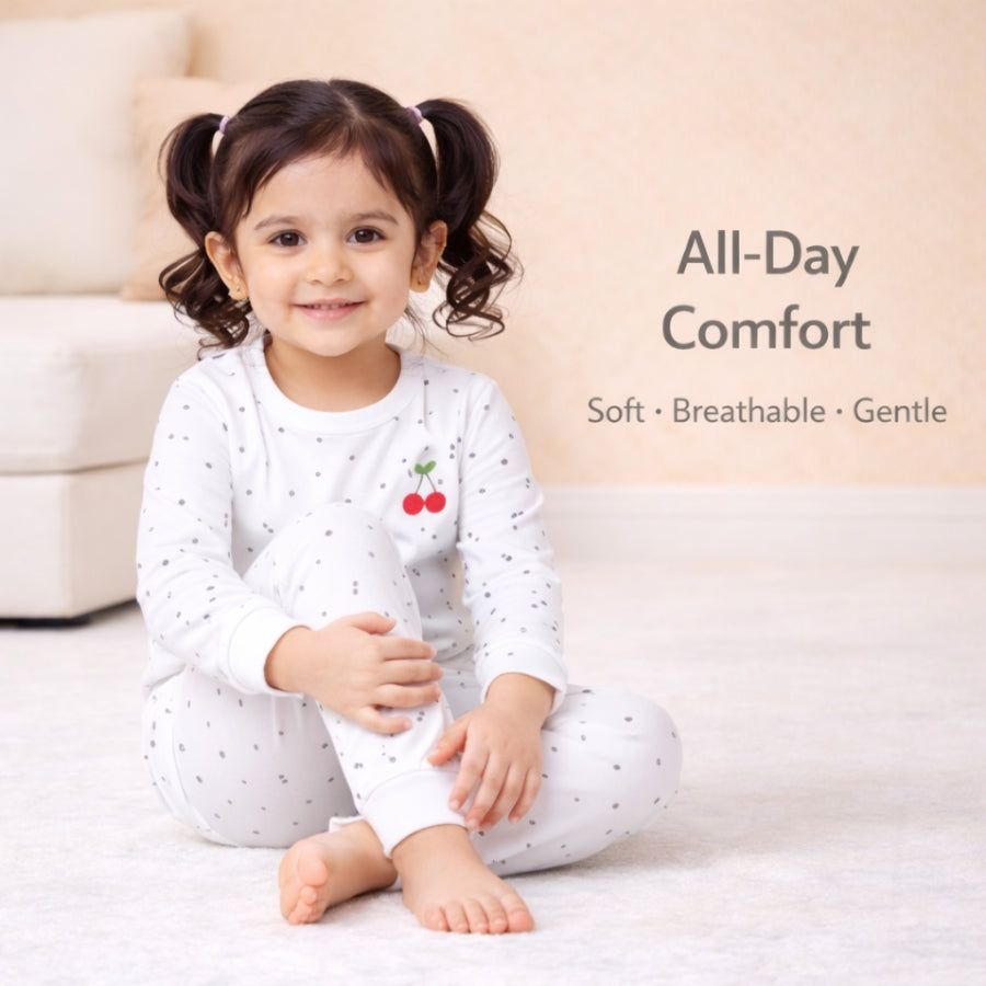 White Dot Cherry Print Co-Ord Style Pajama Set for Girls