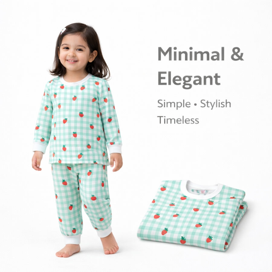 Green Checkered Strawberry Print Pajama Set For Kids