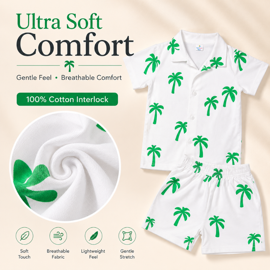 Kids Tropical Palm Print Shirt and Shorts Co-ord Set – White