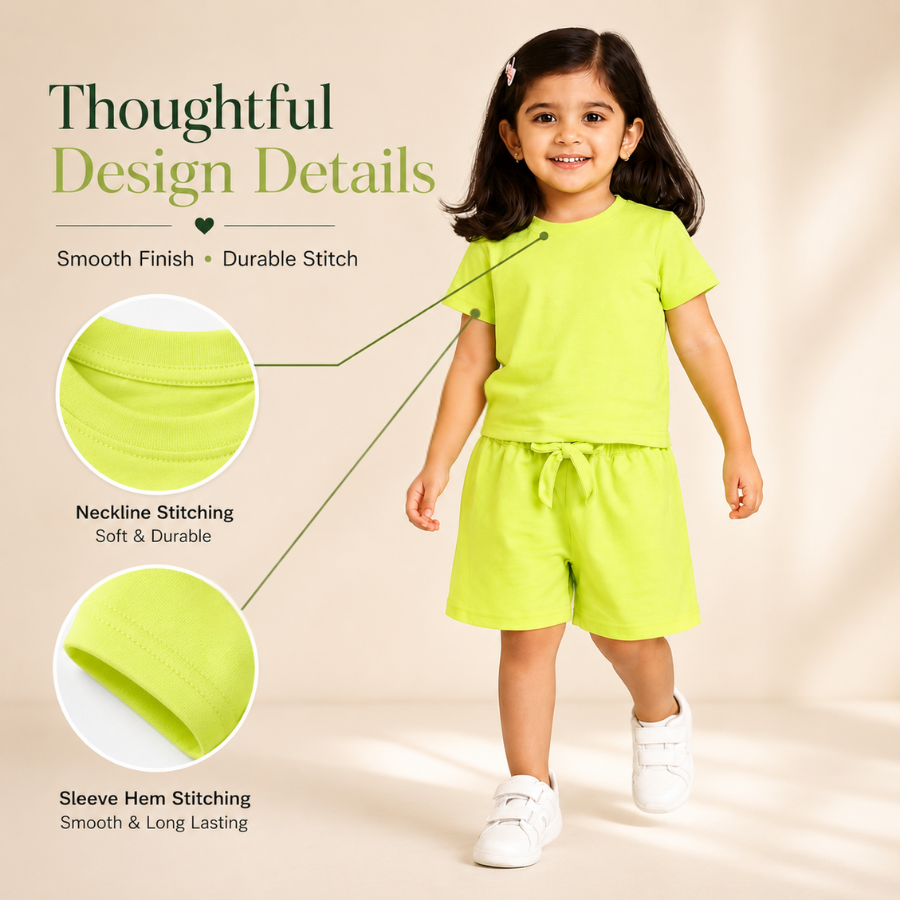 Lime Solid Co-ord Style T-Shirts & Shorts Set For GIrls