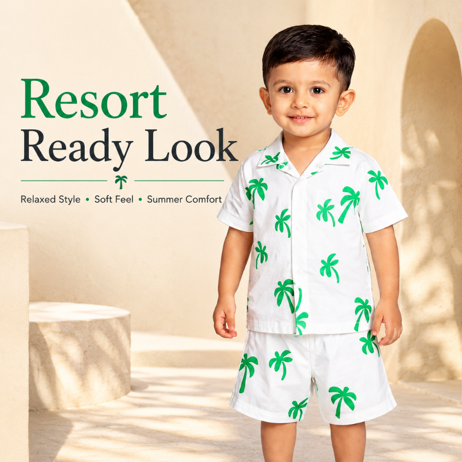 Kids Tropical Palm Print Shirt and Shorts Co-ord Set – White