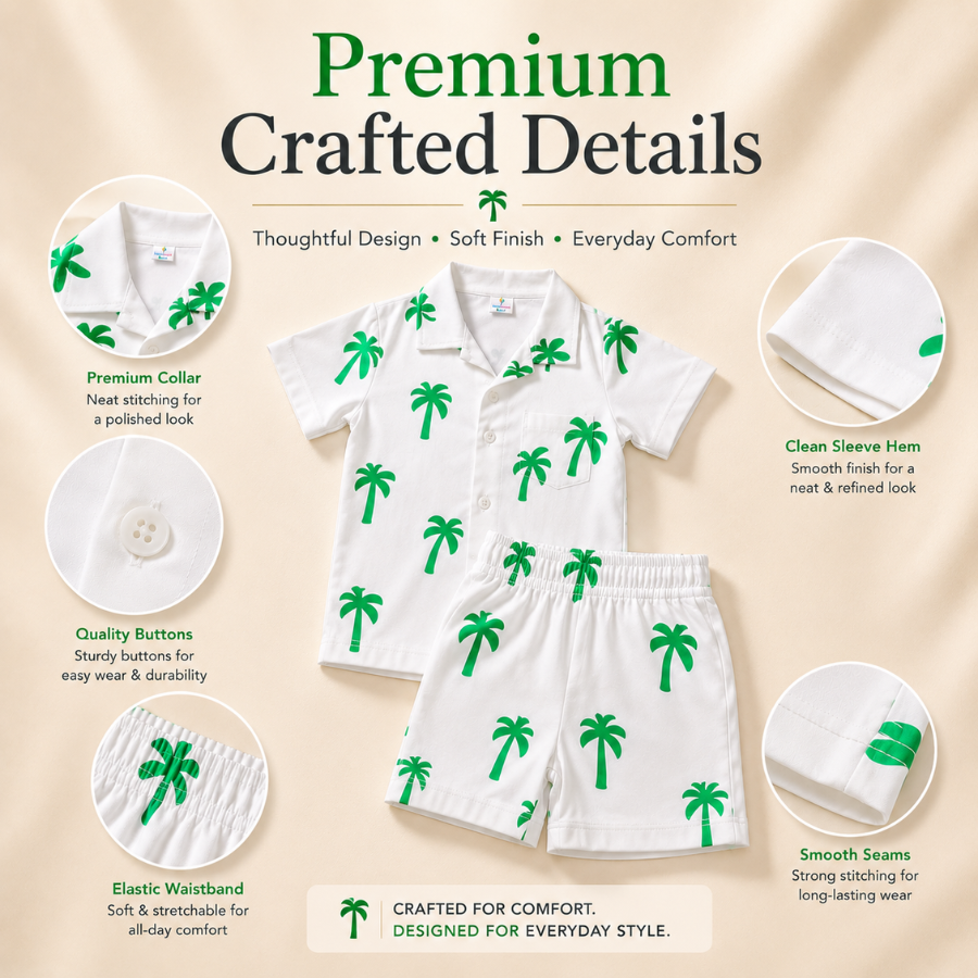 Kids Tropical Palm Print Shirt and Shorts Co-ord Set – White