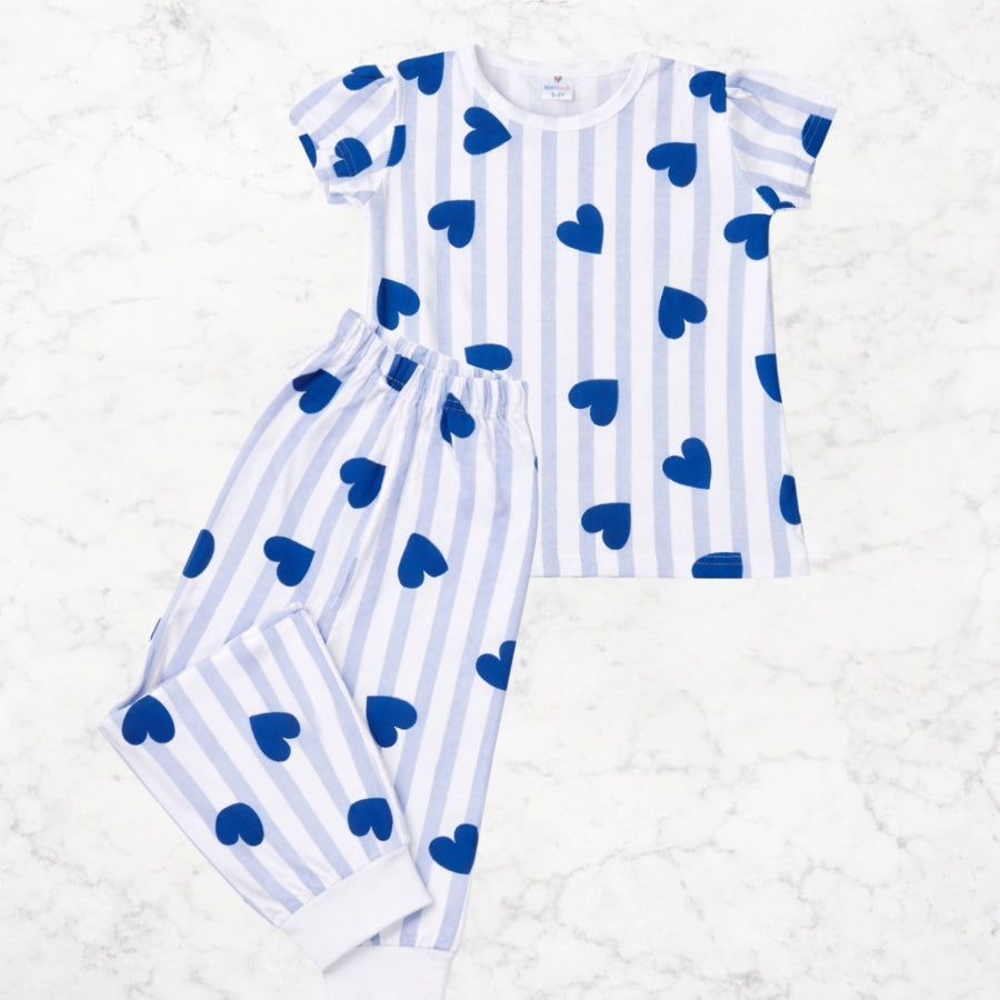 Blue Heart Print Co-ord Style Pajama Set For Girls