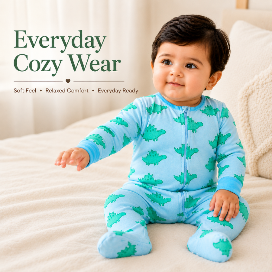 Cotton Baby Romper with Dino Print & Zip Closure – Full Sleeves