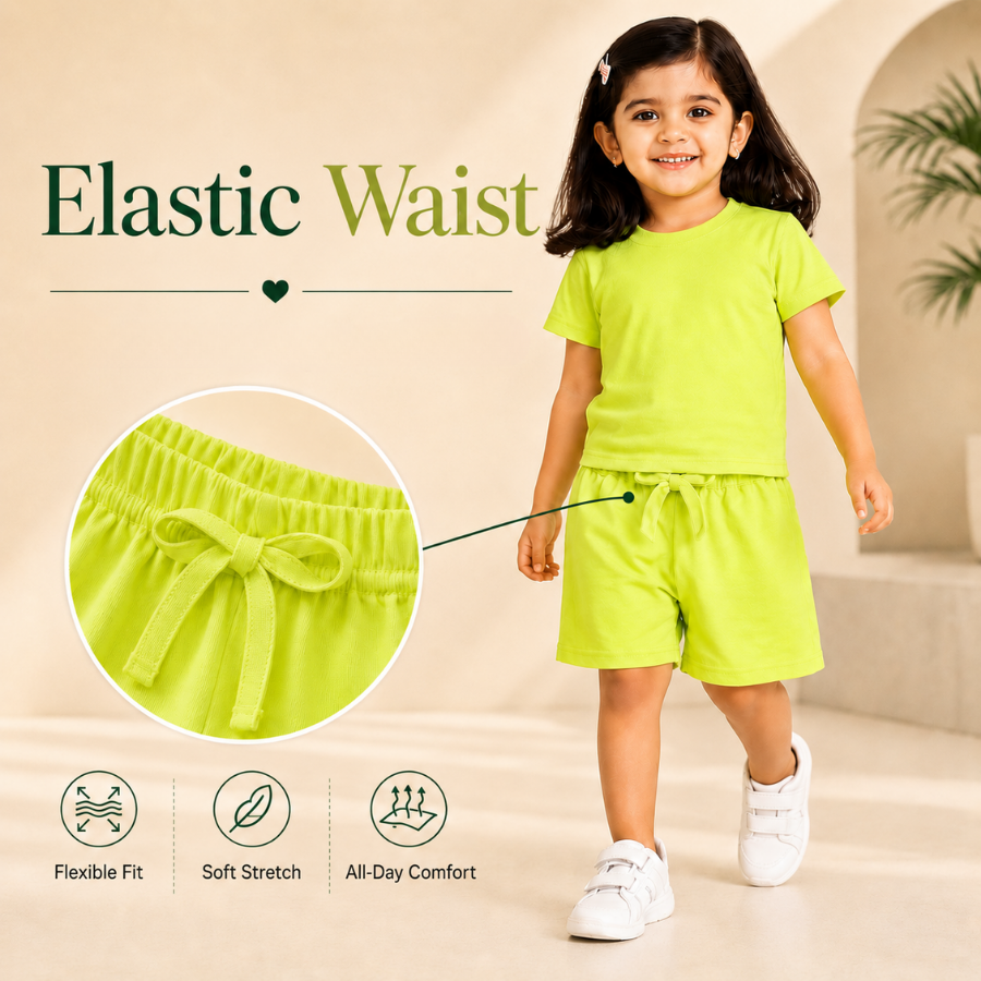 Lime Solid Co-ord Style T-Shirts & Shorts Set For GIrls