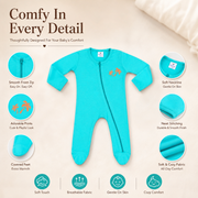 Sea Blue Full Sleeves Baby Romper with Front Zip and Palm Print