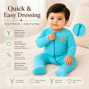 Sea Blue Full Sleeves Baby Romper with Front Zip and Palm Print