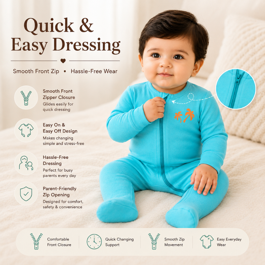 Sea Blue Full Sleeves Baby Romper with Front Zip and Palm Print