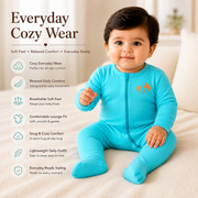 Sea Blue Full Sleeves Baby Romper with Front Zip and Palm Print