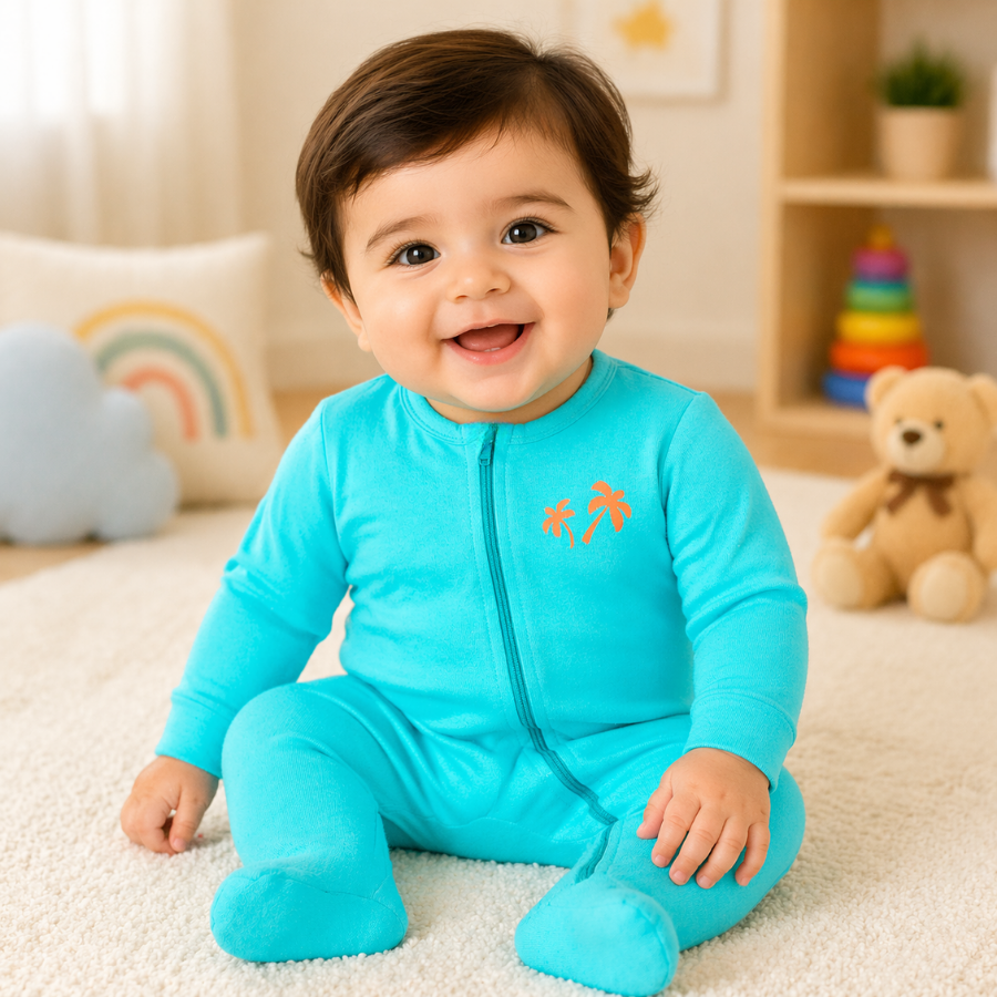 Sea Blue Full Sleeves Baby Romper with Front Zip and Palm Print