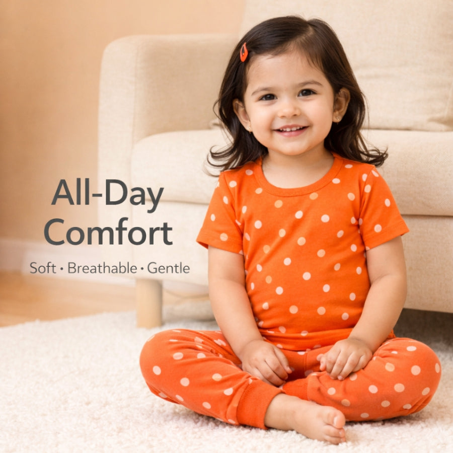 Peach Echo Polka Dot Co-Ord-Pajama Set For Girls