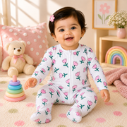 Baby Pink Floral Print Cotton Zip-Up Romper