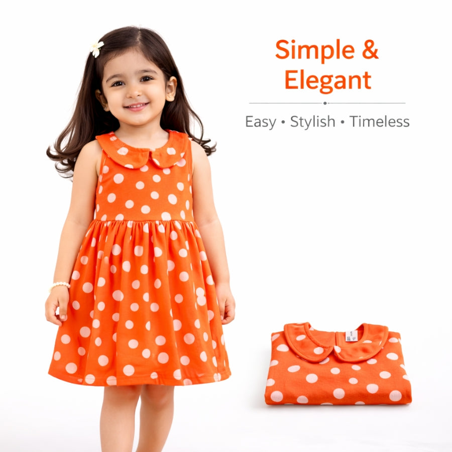 Peach Colour Dress With Pink Polka Dot Design For Girls