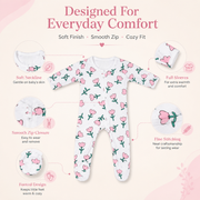 Baby Pink Floral Print Cotton Zip-Up Romper