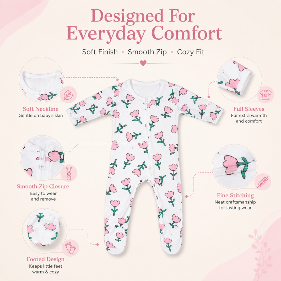 Baby Pink Floral Print Cotton Zip-Up Romper