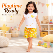 White Lemon Print Top & Shorts Set for Girls